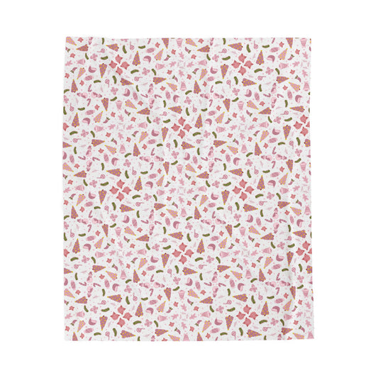 Pink Christmas Velveteen Plush Blanket with Trees Santa Hats Candy Canes Bells and Ornaments