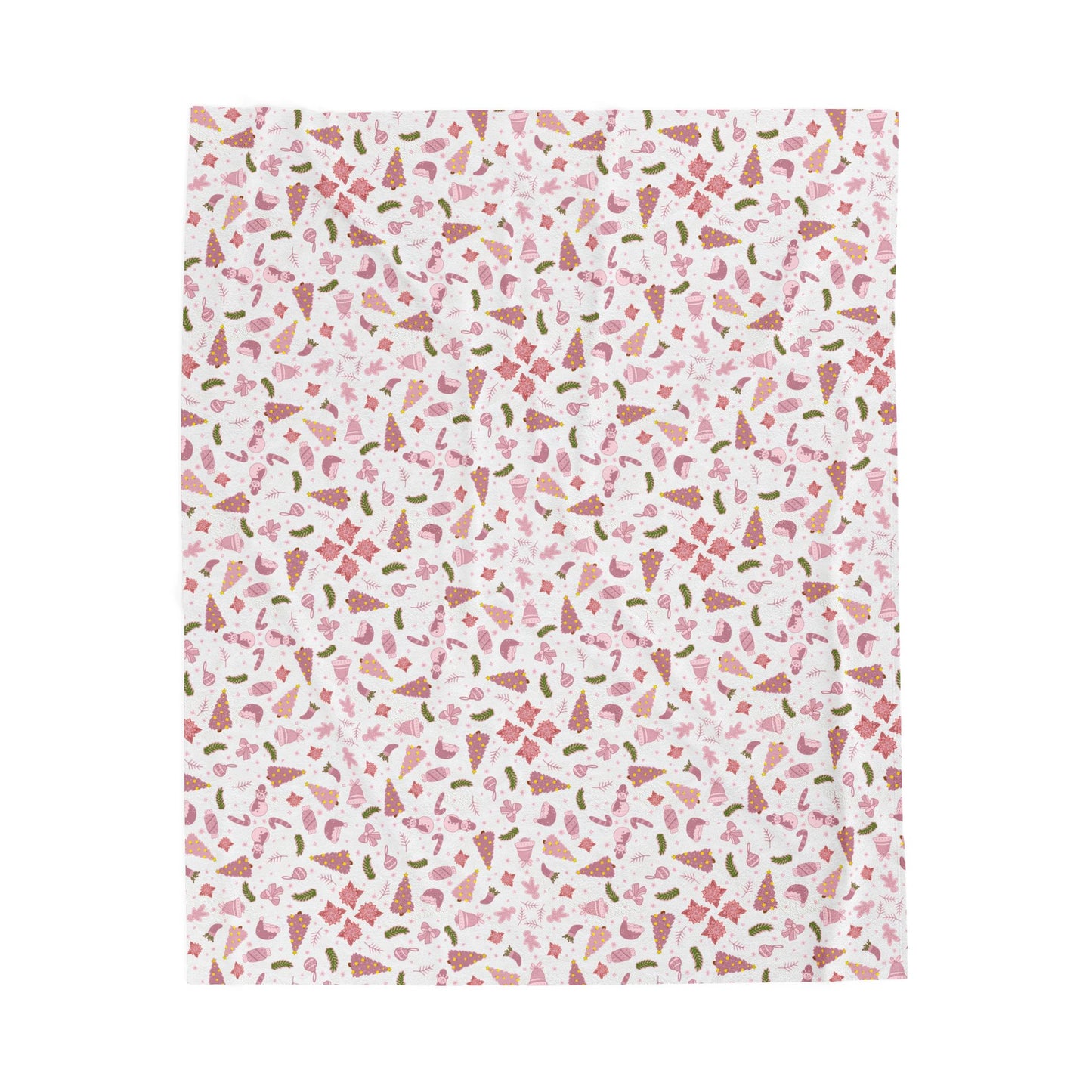 Pink Christmas Velveteen Plush Blanket with Trees Santa Hats Candy Canes Bells and Ornaments