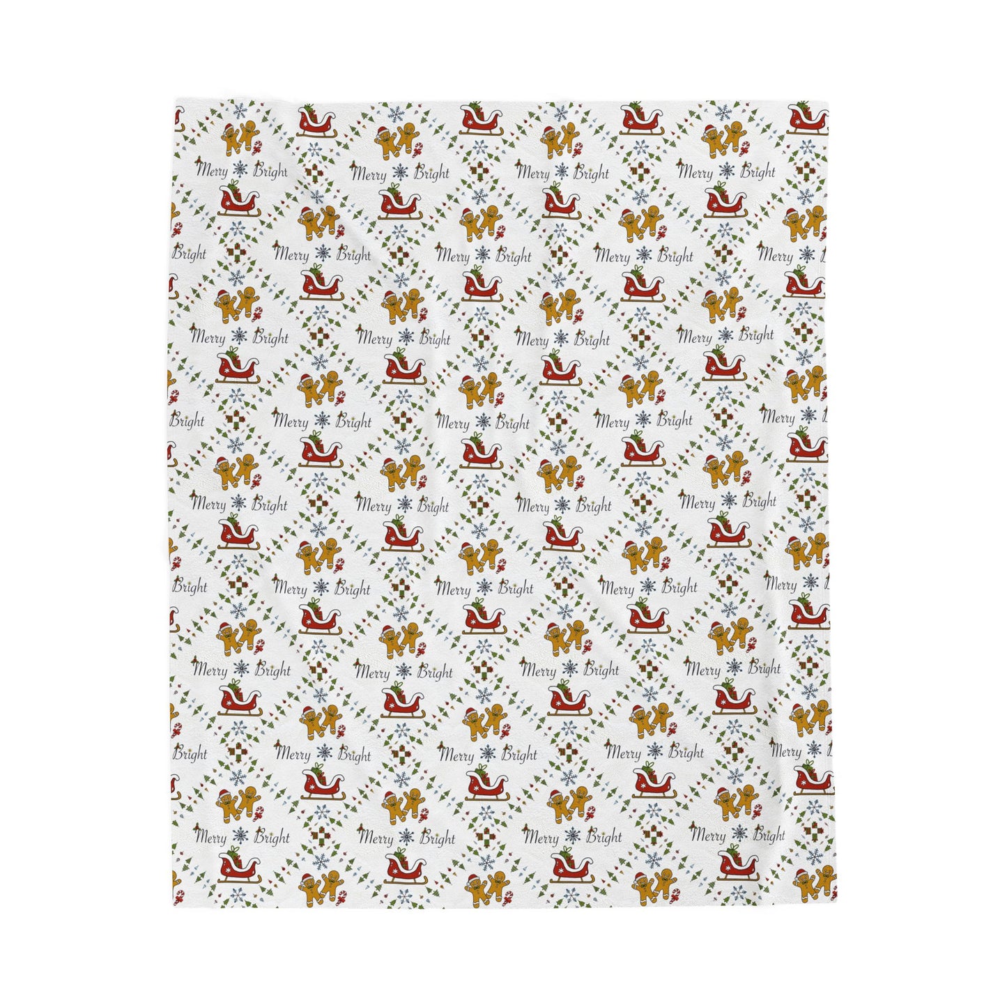 Christmas Velveteen Plush Blanket with Gingerbread Sleighs Trees and Merry and Bright Design