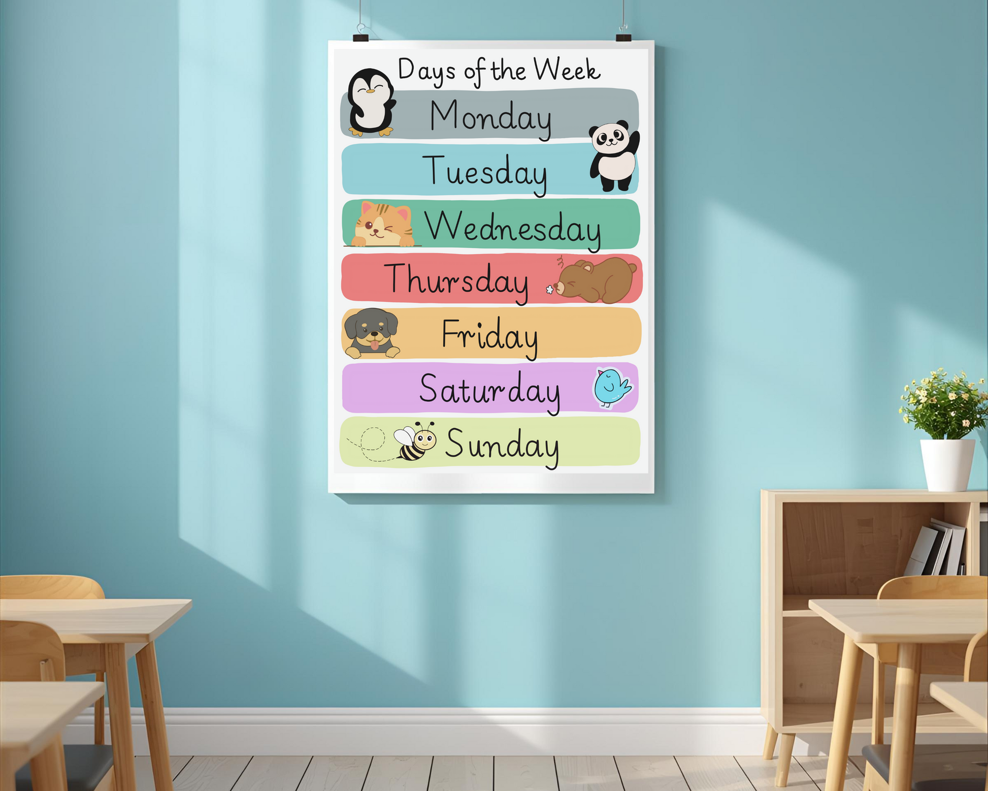 Days of the Week Toddler Educational Poster Colorful Learning Wall Art for Kids Perfect for Playrooms Classrooms and Nurseries