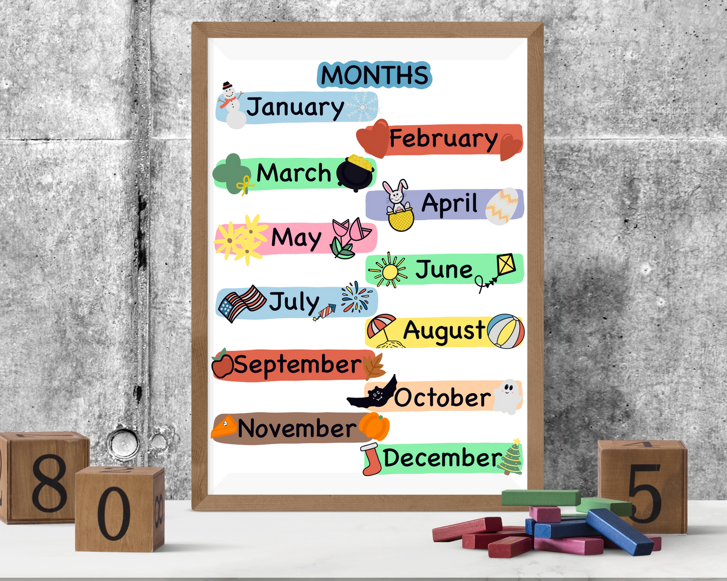 Months of the Year Poster for Toddlers Educational Wall Art for Kids Preschool and Classroom Decor
