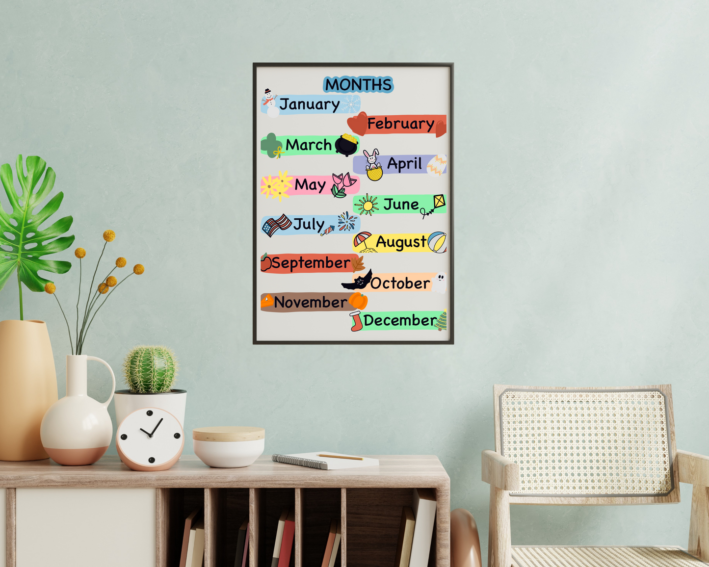 Months of the Year Poster for Toddlers Educational Wall Art for Kids Preschool and Classroom Decor