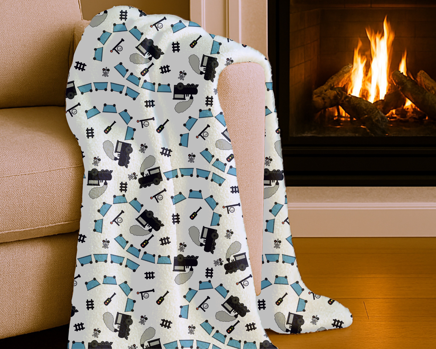 Train Themed Velveteen Plush Blanket – Soft Locomotive Throw for Kids, Adults & Train Lovers