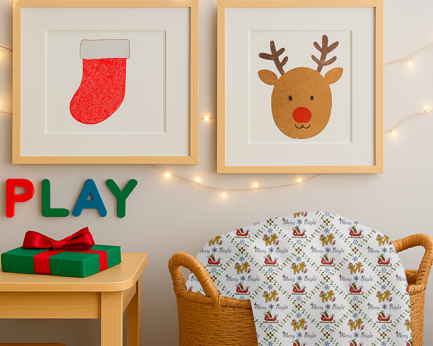 Christmas Velveteen Plush Blanket with Gingerbread Sleighs Trees and Merry and Bright Design