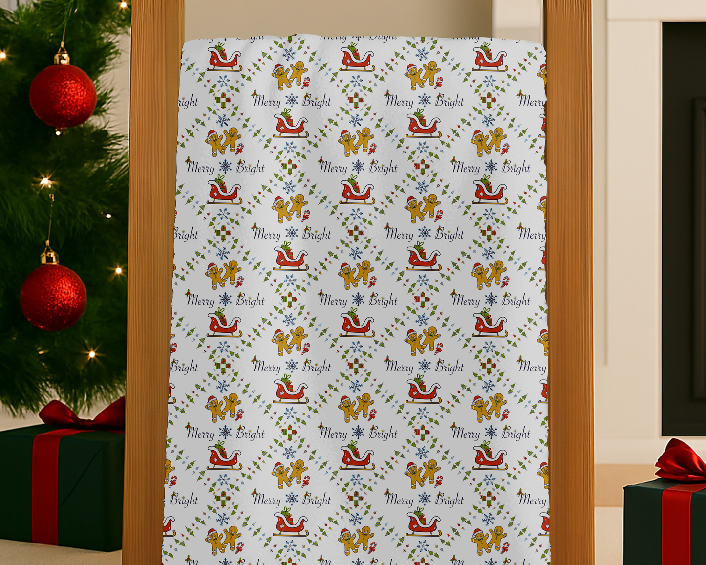 Christmas Velveteen Plush Blanket with Gingerbread Sleighs Trees and Merry and Bright Design
