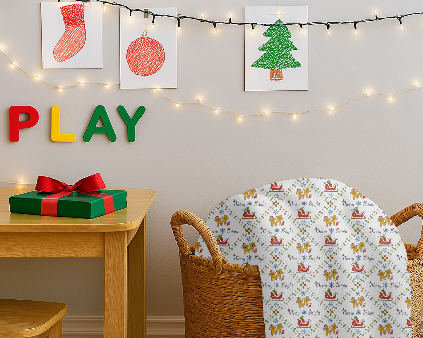 Christmas Velveteen Plush Blanket with Gingerbread Sleighs Trees and Merry and Bright Design