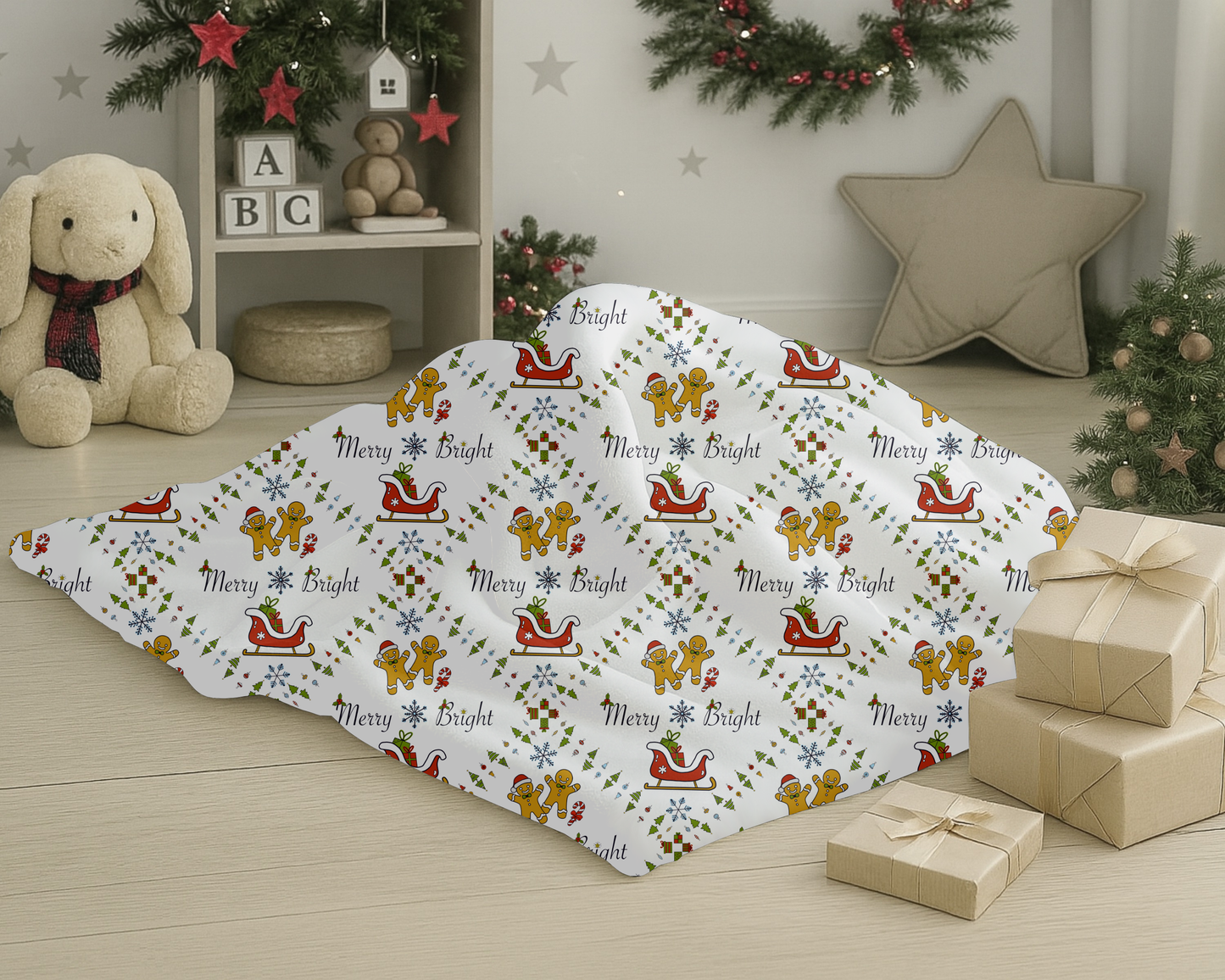 Christmas Velveteen Plush Blanket with Gingerbread Sleighs Trees and Merry and Bright Design