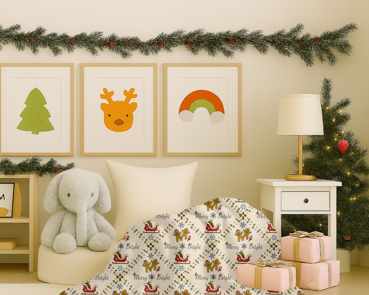 Christmas Velveteen Plush Blanket with Gingerbread Sleighs Trees and Merry and Bright Design