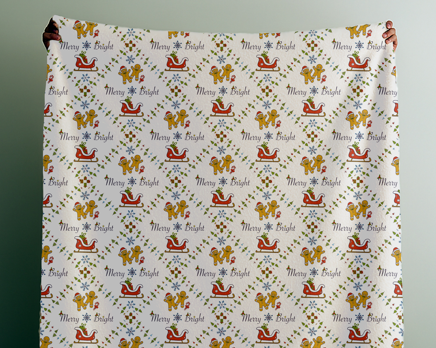 Christmas Velveteen Plush Blanket with Gingerbread Sleighs Trees and Merry and Bright Design