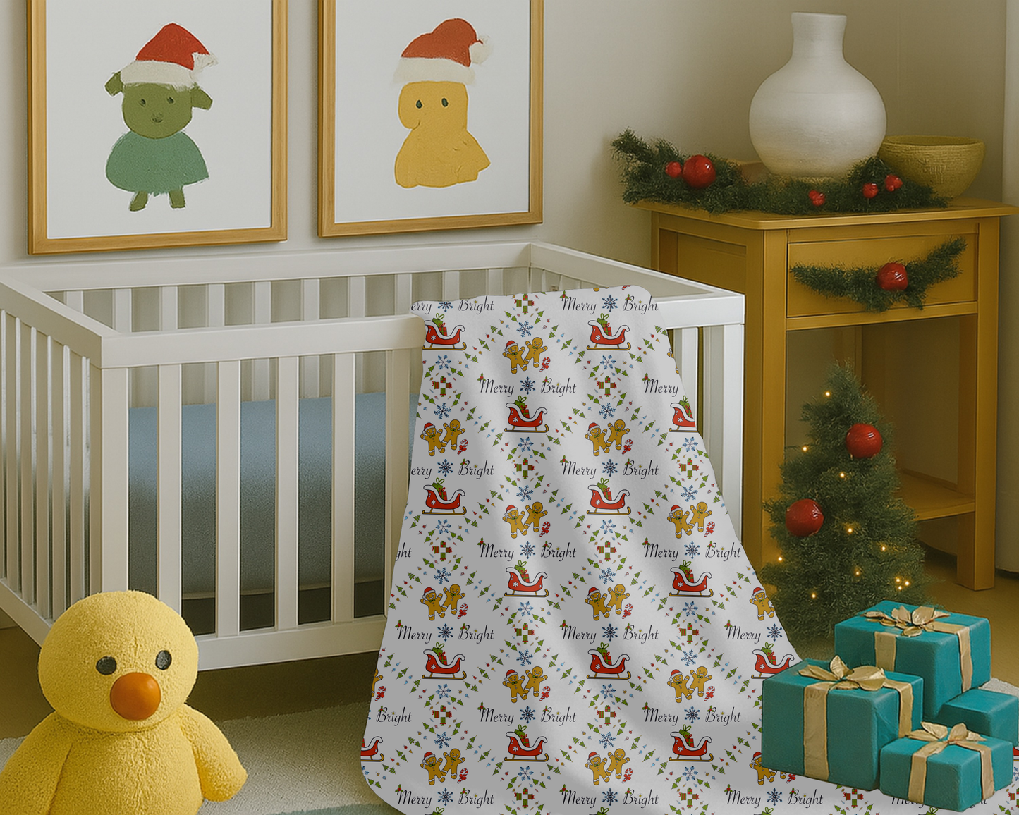 Christmas Velveteen Plush Blanket with Gingerbread Sleighs Trees and Merry and Bright Design