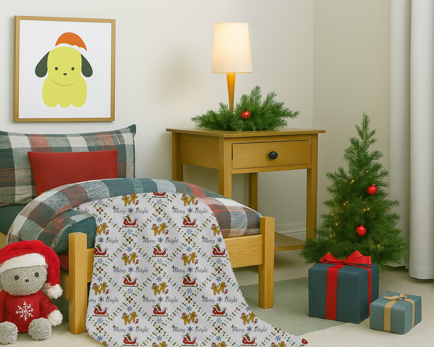 Christmas Velveteen Plush Blanket with Gingerbread Sleighs Trees and Merry and Bright Design