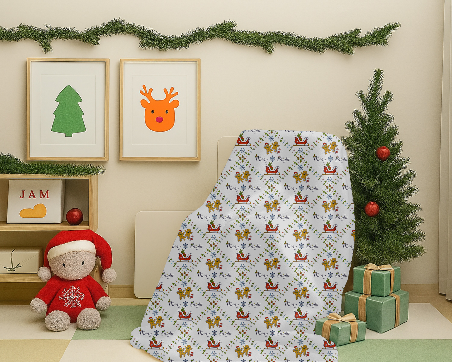 Christmas Velveteen Plush Blanket with Gingerbread Sleighs Trees and Merry and Bright Design