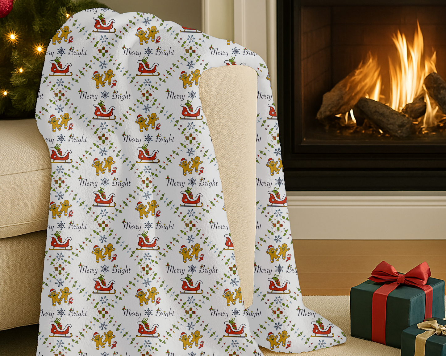 Christmas Velveteen Plush Blanket with Gingerbread Sleighs Trees and Merry and Bright Design