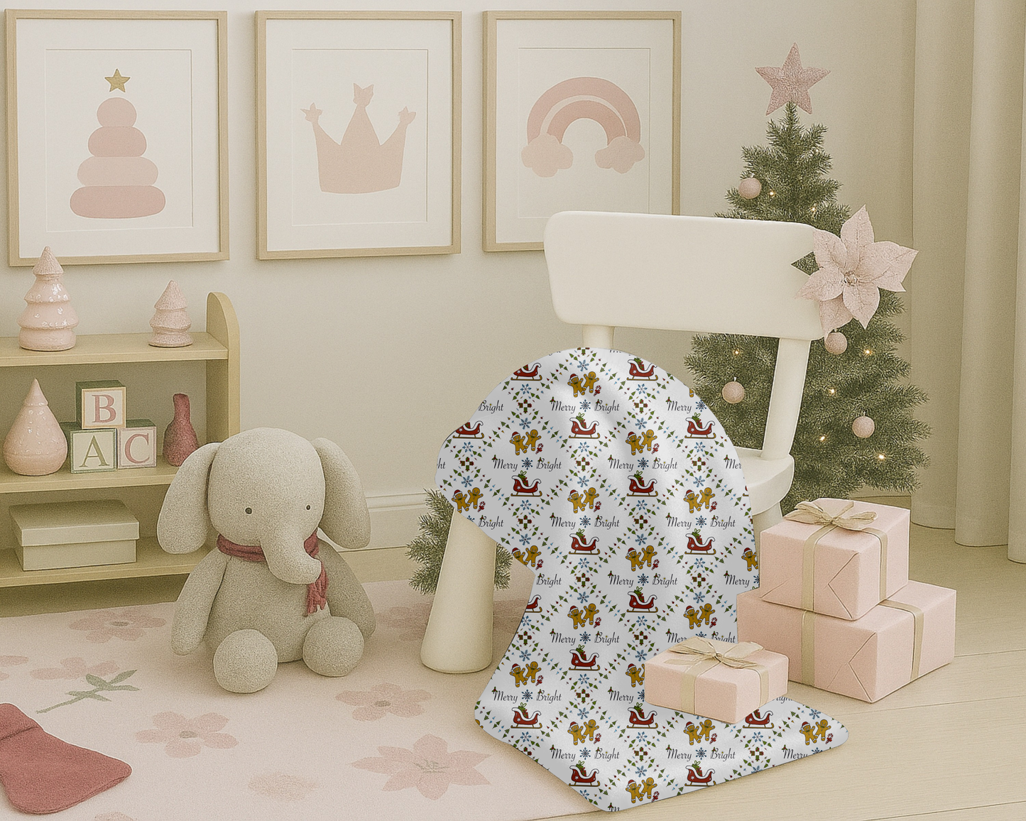 Christmas Velveteen Plush Blanket with Gingerbread Sleighs Trees and Merry and Bright Design