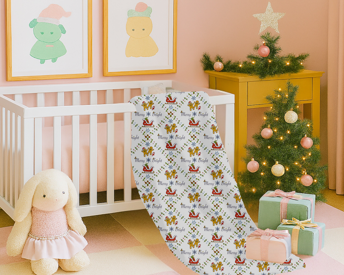 Christmas Velveteen Plush Blanket with Gingerbread Sleighs Trees and Merry and Bright Design