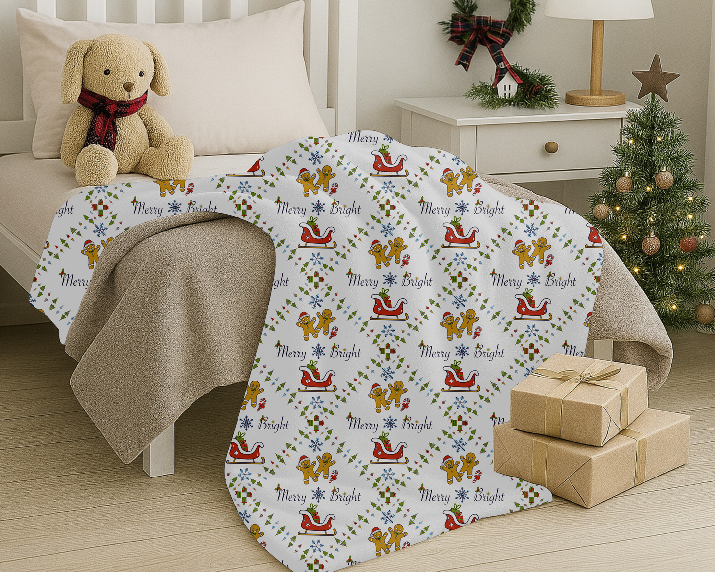 Christmas Velveteen Plush Blanket with Gingerbread Sleighs Trees and Merry and Bright Design
