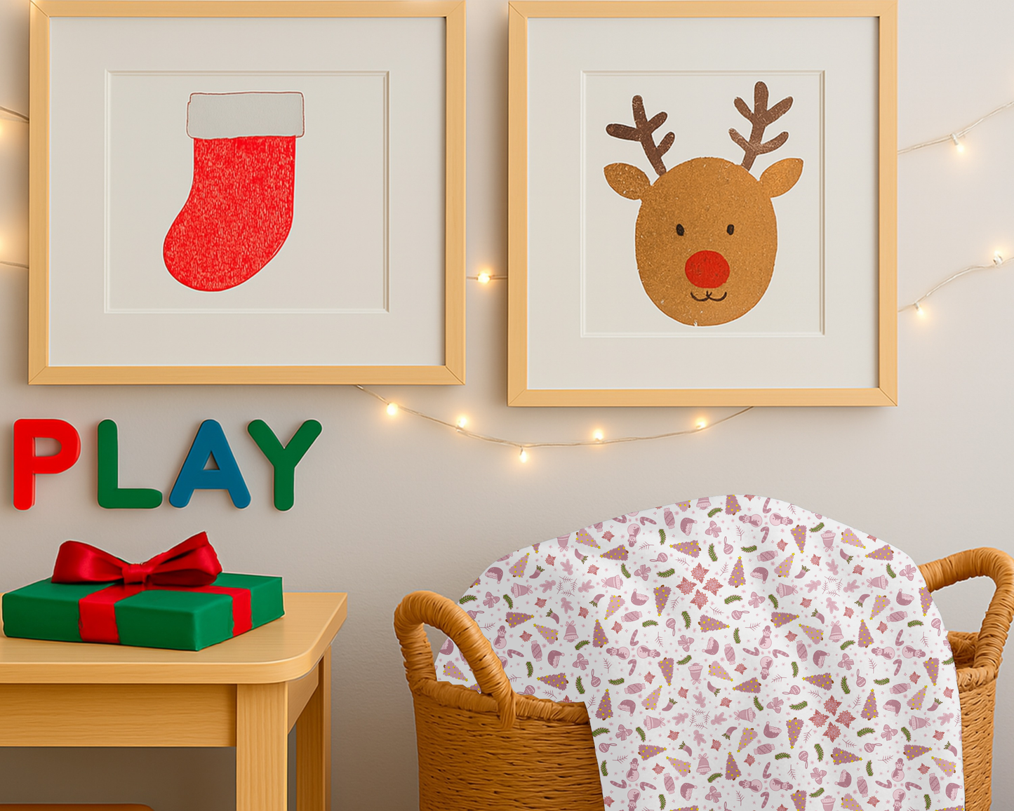 Pink Christmas Velveteen Plush Blanket with Trees Santa Hats Candy Canes Bells and Ornaments