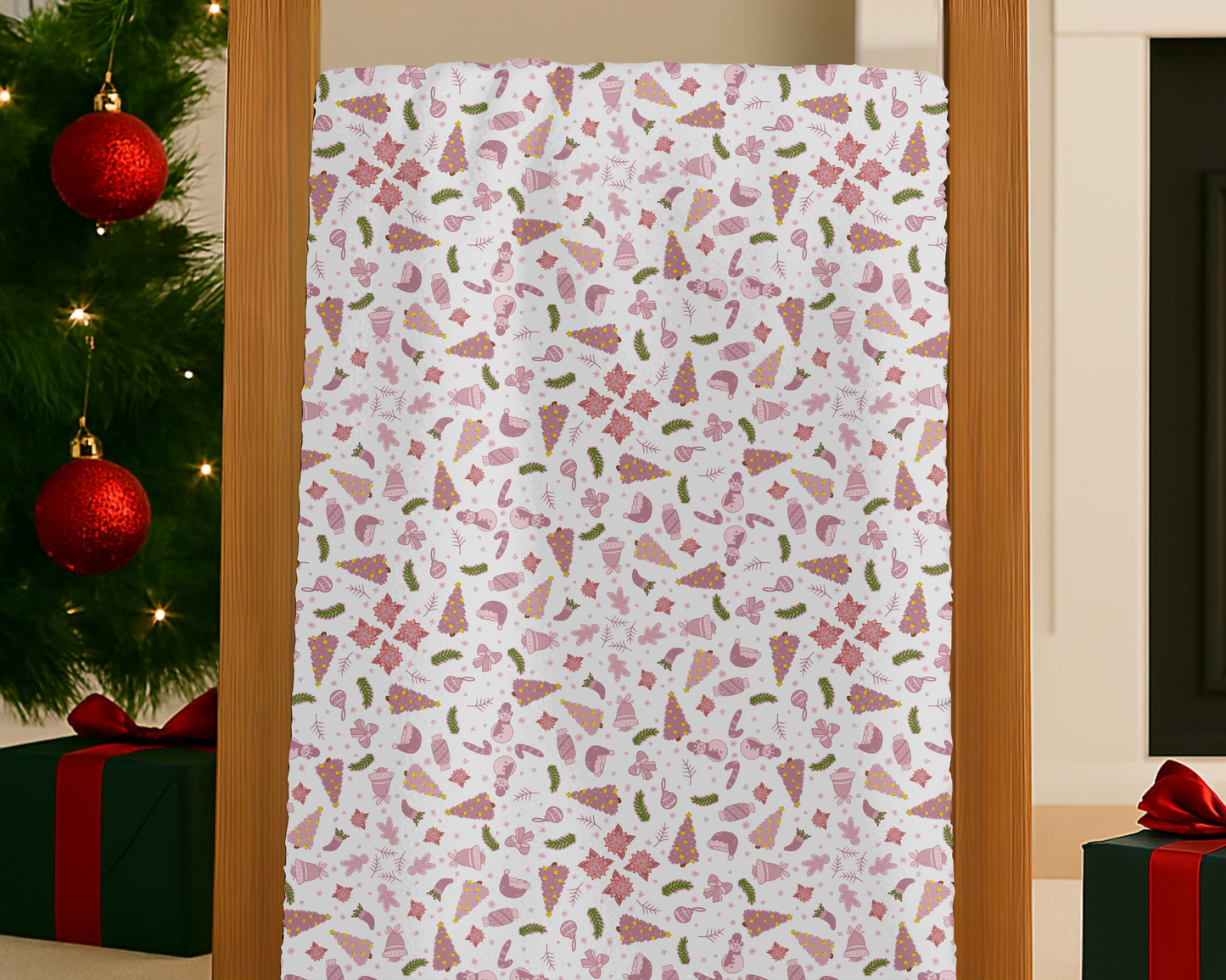 Pink Christmas Velveteen Plush Blanket with Trees Santa Hats Candy Canes Bells and Ornaments