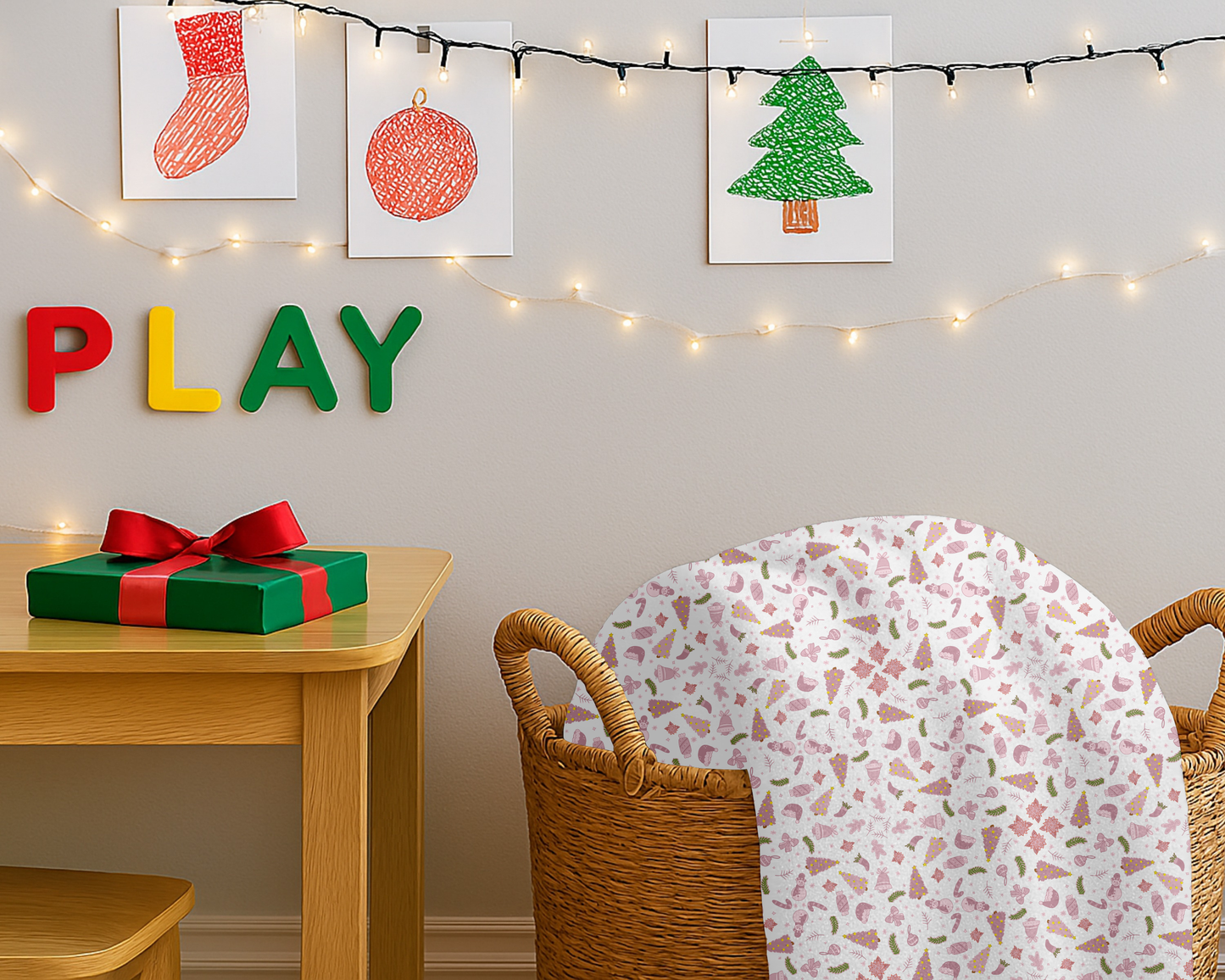 Pink Christmas Velveteen Plush Blanket with Trees Santa Hats Candy Canes Bells and Ornaments