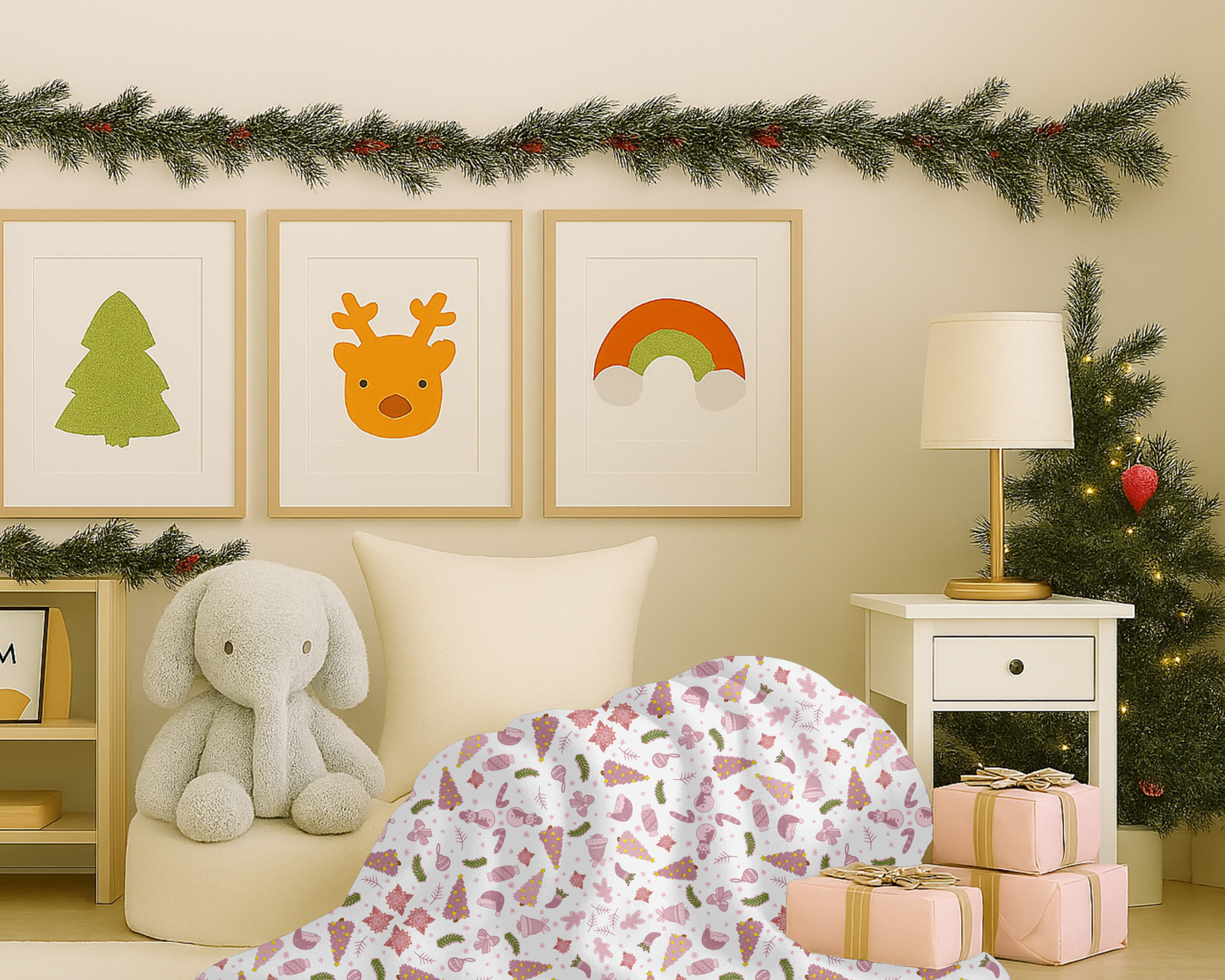 Pink Christmas Velveteen Plush Blanket with Trees Santa Hats Candy Canes Bells and Ornaments