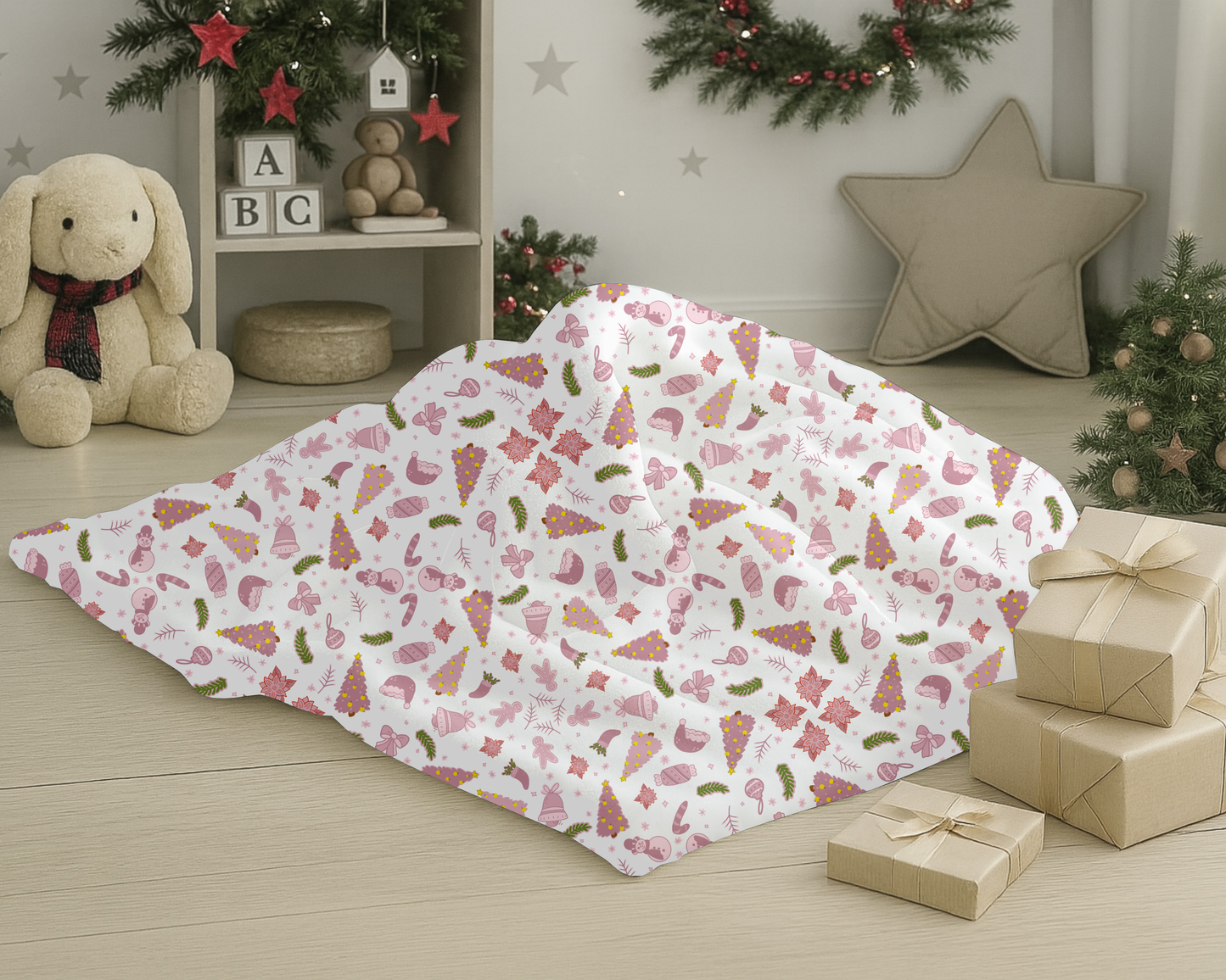 Pink Christmas Velveteen Plush Blanket with Trees Santa Hats Candy Canes Bells and Ornaments