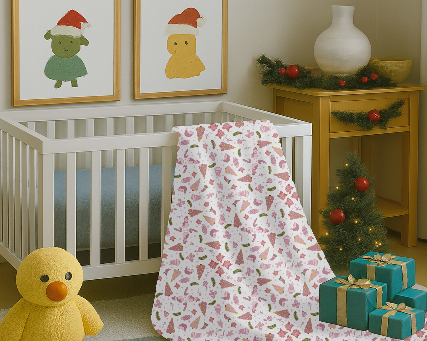 Pink Christmas Velveteen Plush Blanket with Trees Santa Hats Candy Canes Bells and Ornaments