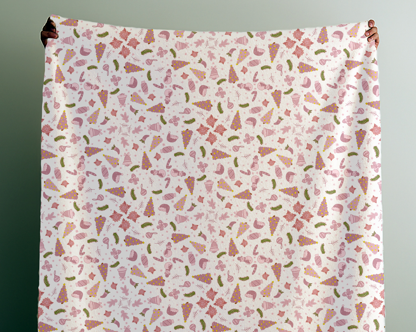 Pink Christmas Velveteen Plush Blanket with Trees Santa Hats Candy Canes Bells and Ornaments