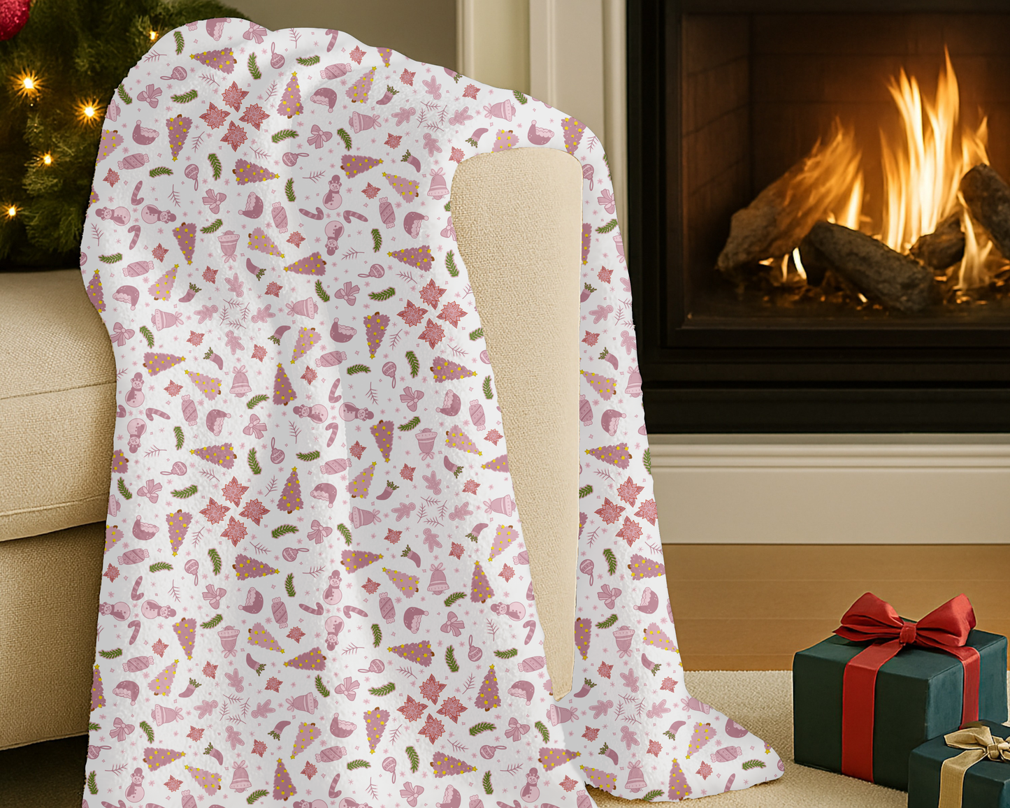 Pink Christmas Velveteen Plush Blanket with Trees Santa Hats Candy Canes Bells and Ornaments
