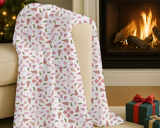 Pink Christmas Velveteen Plush Blanket with Trees Santa Hats Candy Canes Bells and Ornaments
