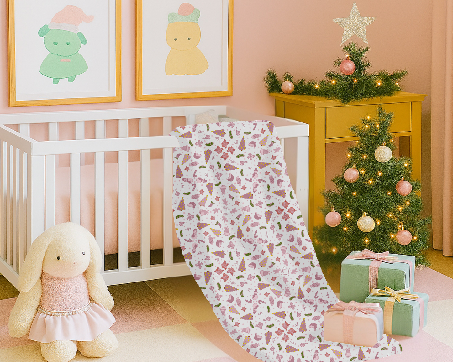 Pink Christmas Velveteen Plush Blanket with Trees Santa Hats Candy Canes Bells and Ornaments