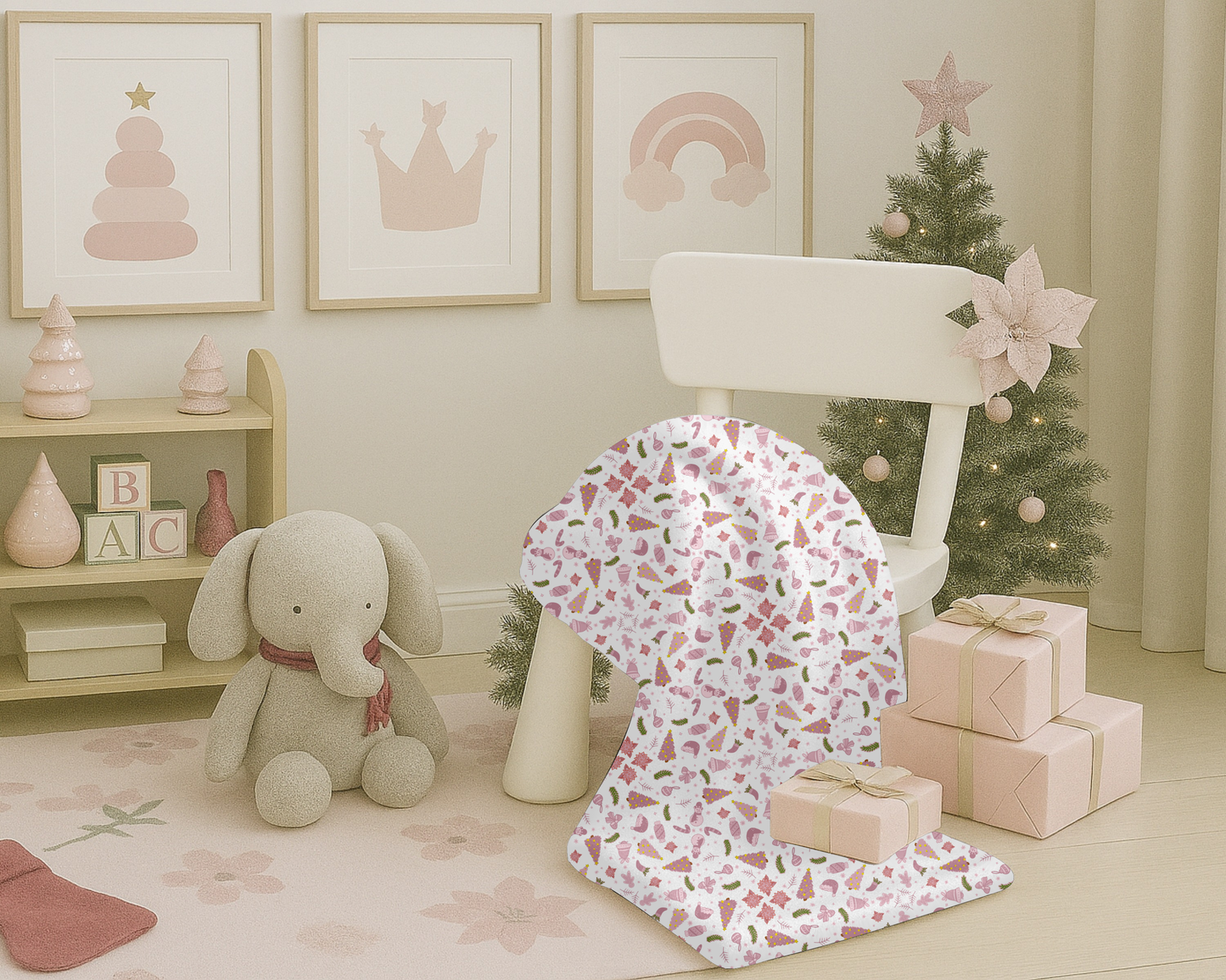 Pink Christmas Velveteen Plush Blanket with Trees Santa Hats Candy Canes Bells and Ornaments