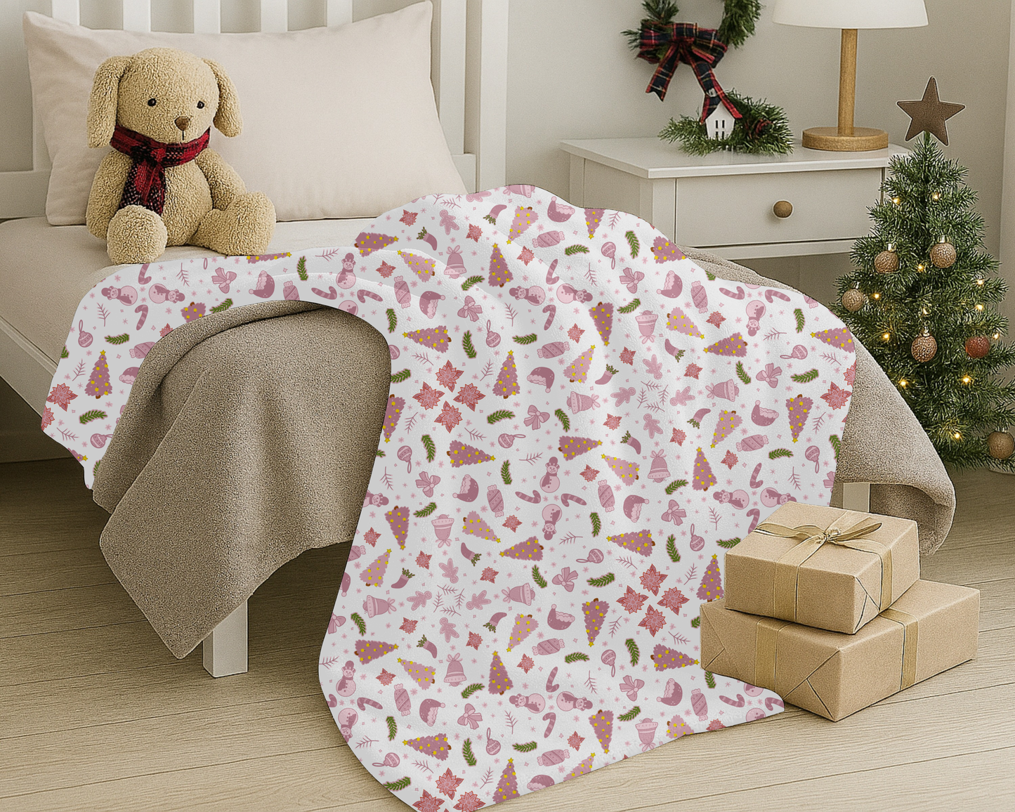 Pink Christmas Velveteen Plush Blanket with Trees Santa Hats Candy Canes Bells and Ornaments