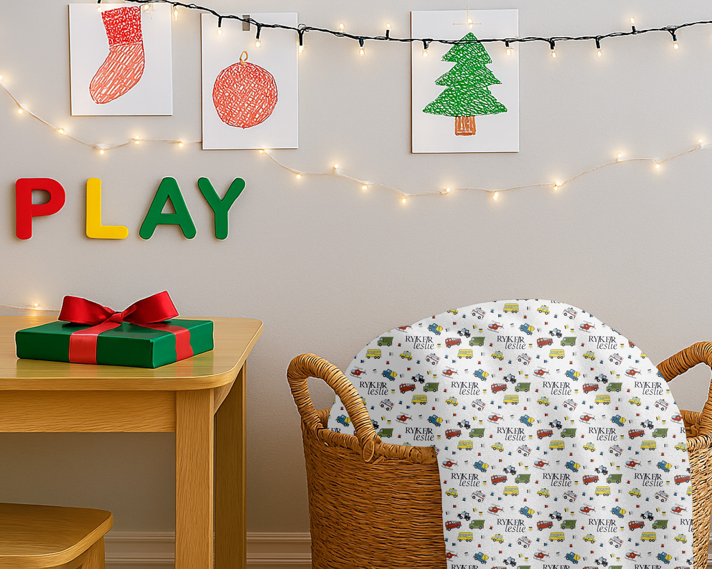 Personalized Kids Car Blanket Custom Name Velveteen Plush Throw with Trucks and Cars Holiday Gift