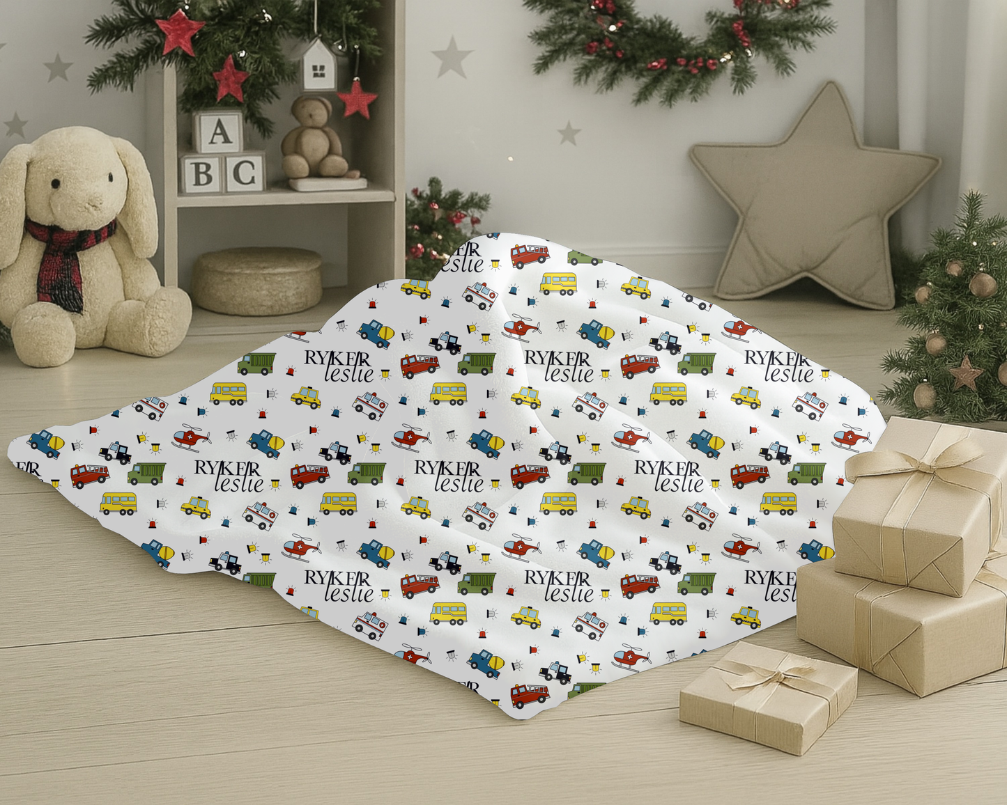 Personalized Kids Car Blanket Custom Name Velveteen Plush Throw with Trucks and Cars Holiday Gift