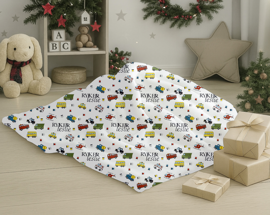 Personalized Kids Car Blanket Custom Name Velveteen Plush Throw with Trucks and Cars Holiday Gift