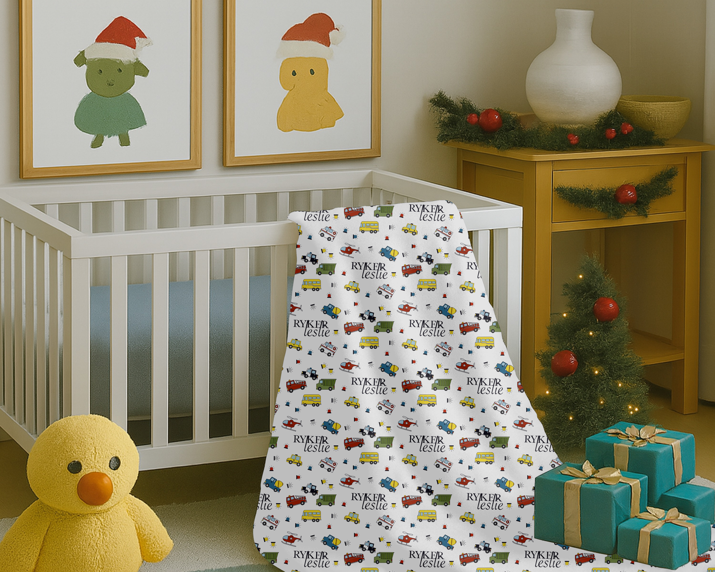 Personalized Kids Car Blanket Custom Name Velveteen Plush Throw with Trucks and Cars Holiday Gift