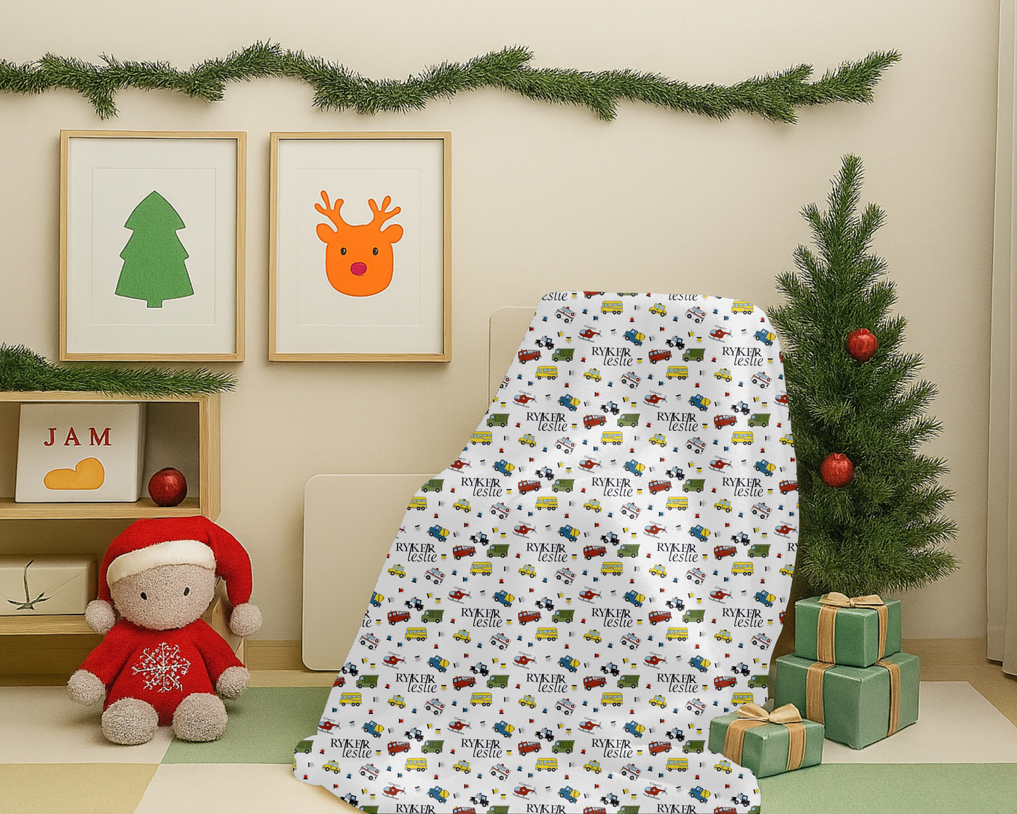 Personalized Kids Car Blanket Custom Name Velveteen Plush Throw with Trucks and Cars Holiday Gift