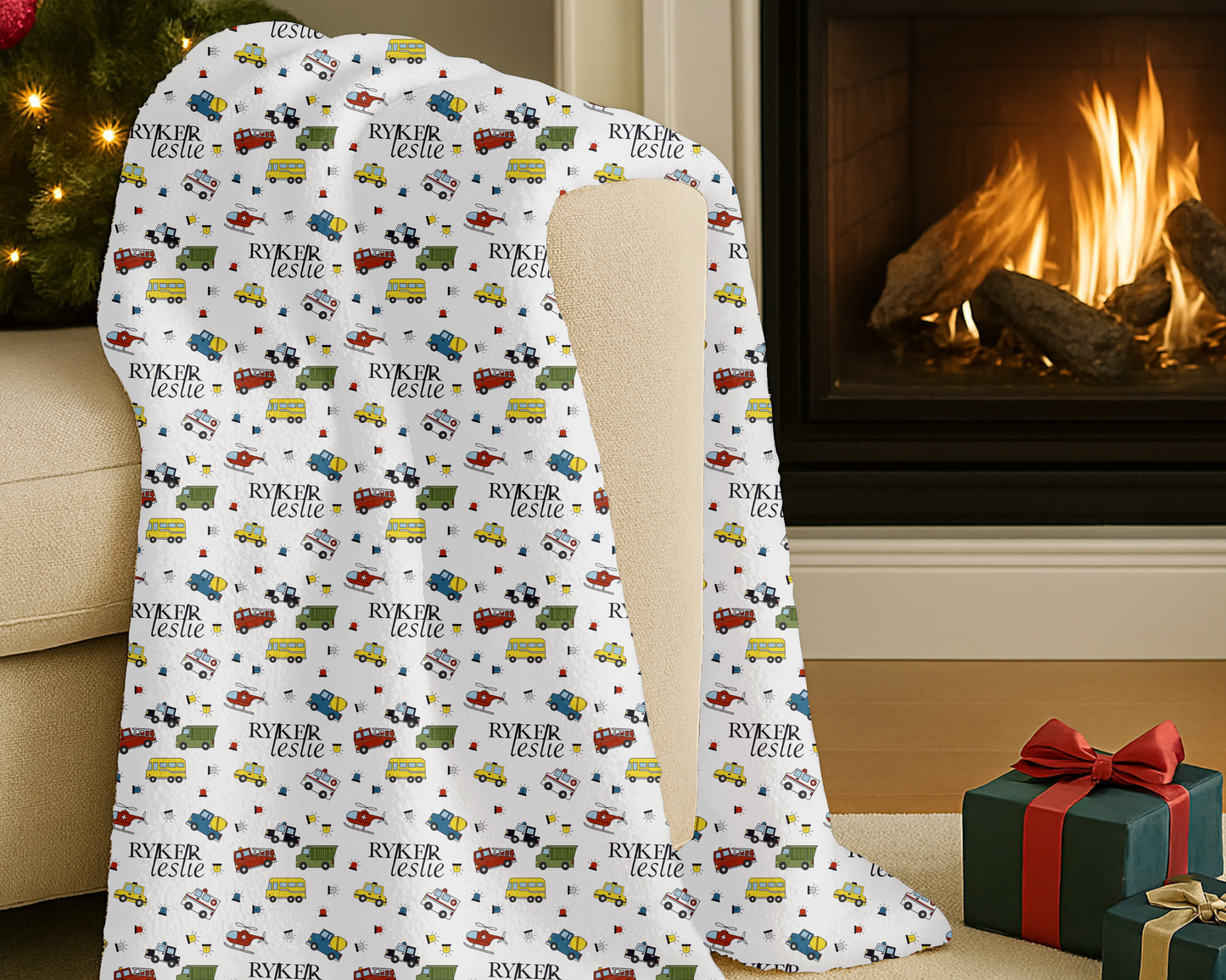 Personalized Kids Car Blanket Custom Name Velveteen Plush Throw with Trucks and Cars Holiday Gift