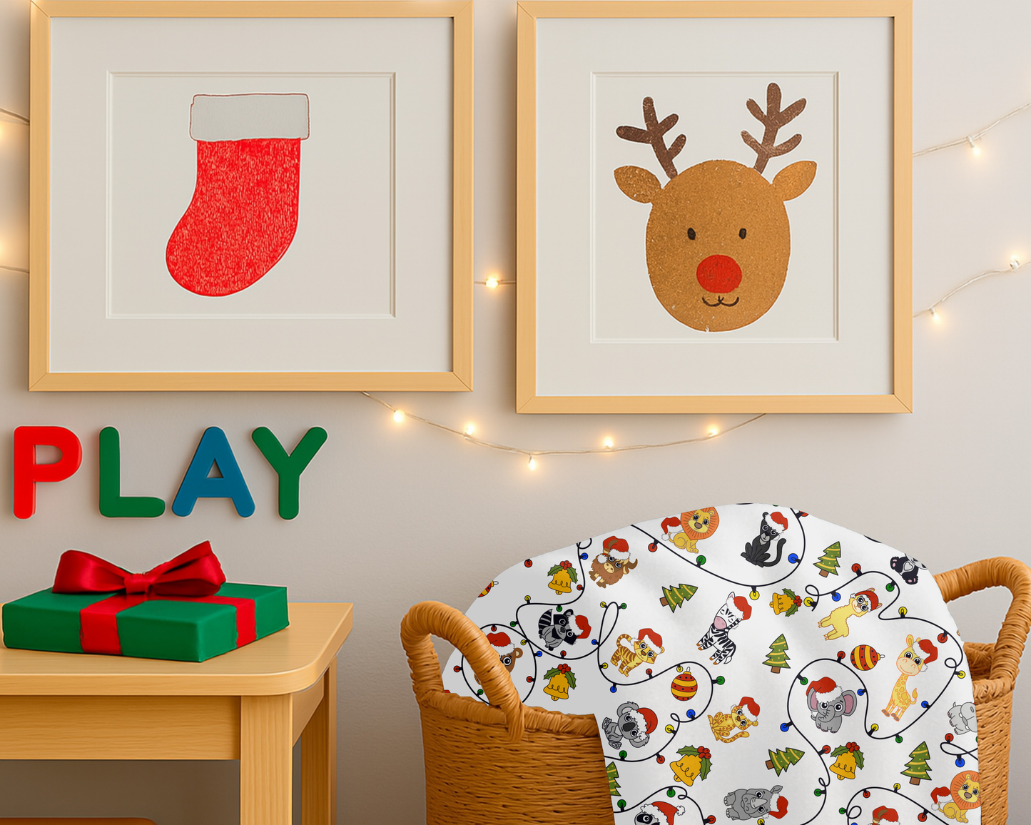 Safari Christmas Blanket – Velveteen Plush Throw with Santa Hat Animals, Trees & Ornaments