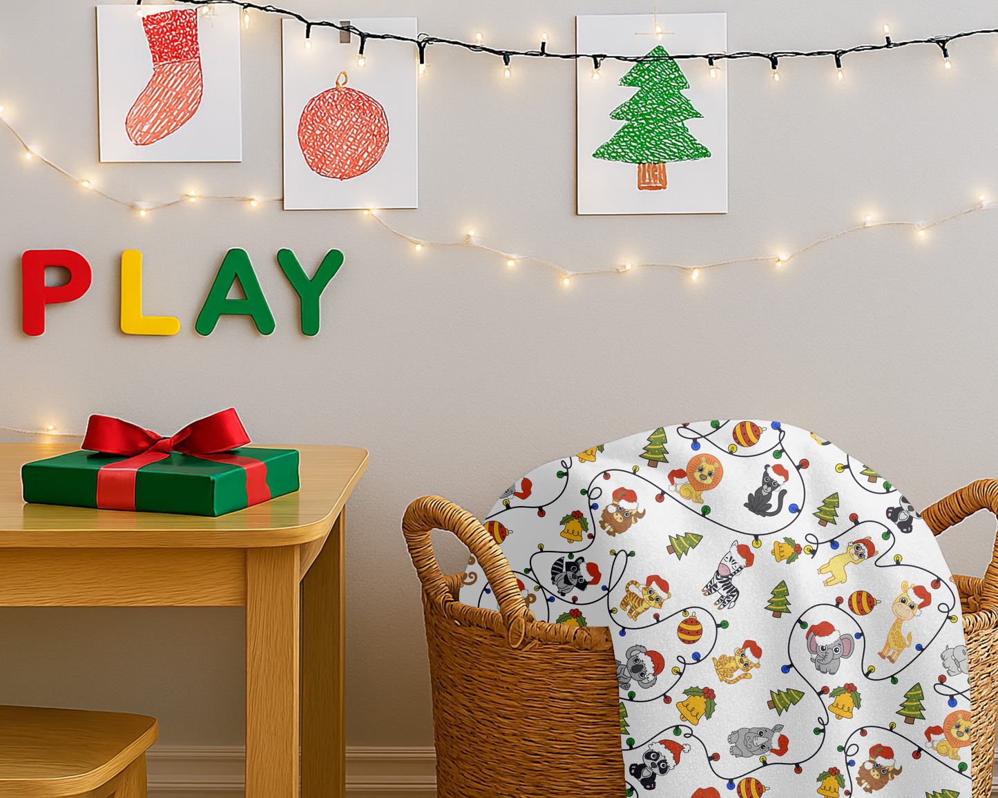 Safari Christmas Blanket – Velveteen Plush Throw with Santa Hat Animals, Trees & Ornaments