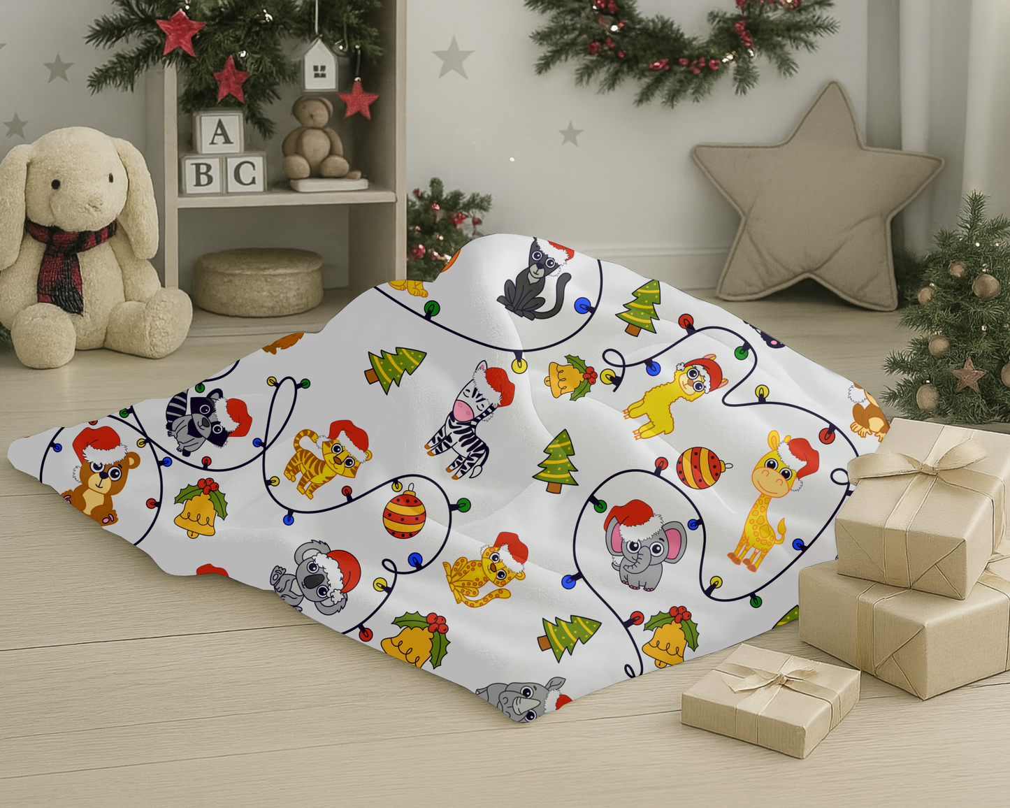 Safari Christmas Blanket – Velveteen Plush Throw with Santa Hat Animals, Trees & Ornaments