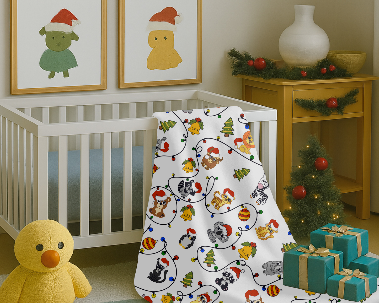 Safari Christmas Blanket – Velveteen Plush Throw with Santa Hat Animals, Trees & Ornaments