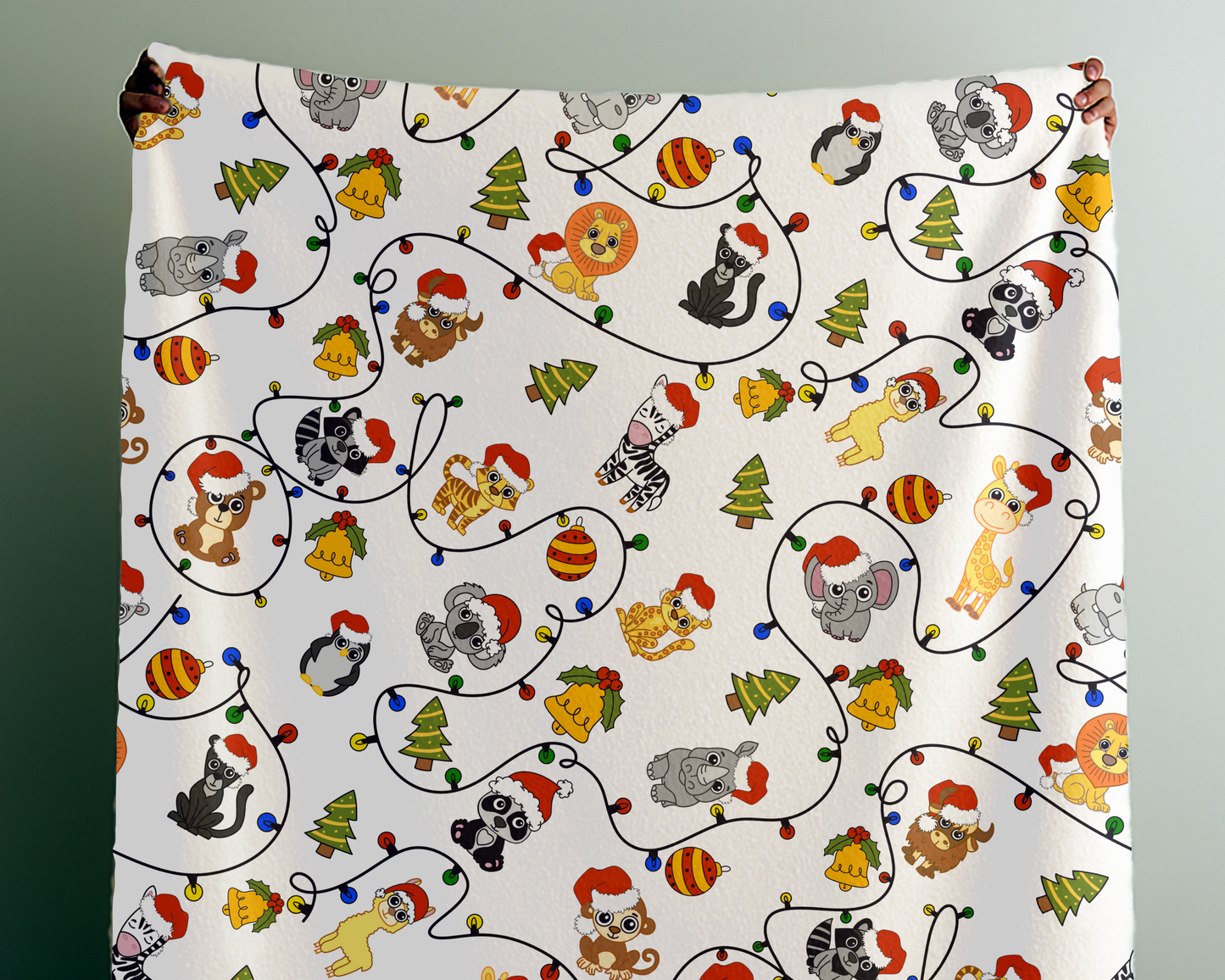 Safari Christmas Blanket – Velveteen Plush Throw with Santa Hat Animals, Trees & Ornaments