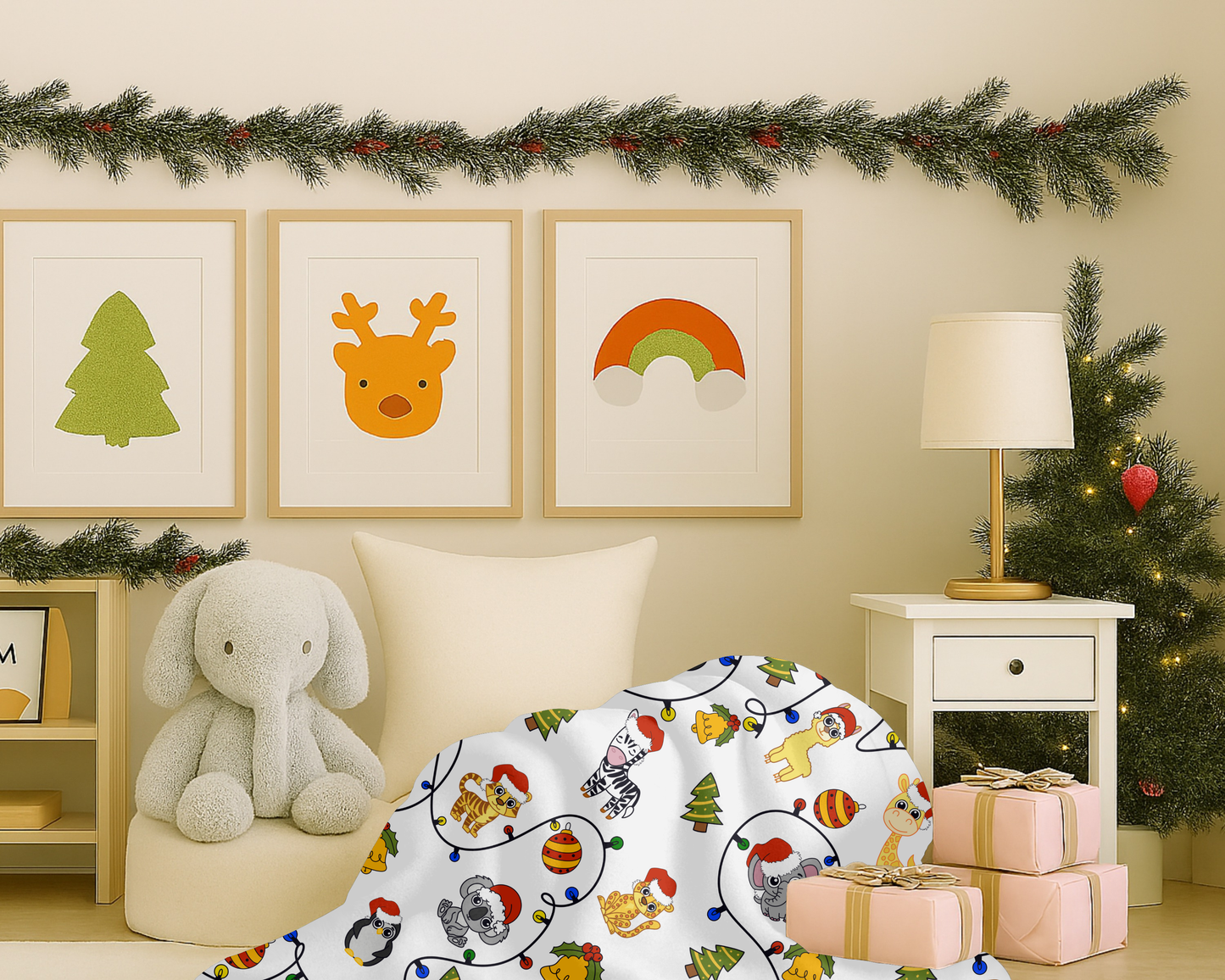 Safari Christmas Blanket – Velveteen Plush Throw with Santa Hat Animals, Trees & Ornaments