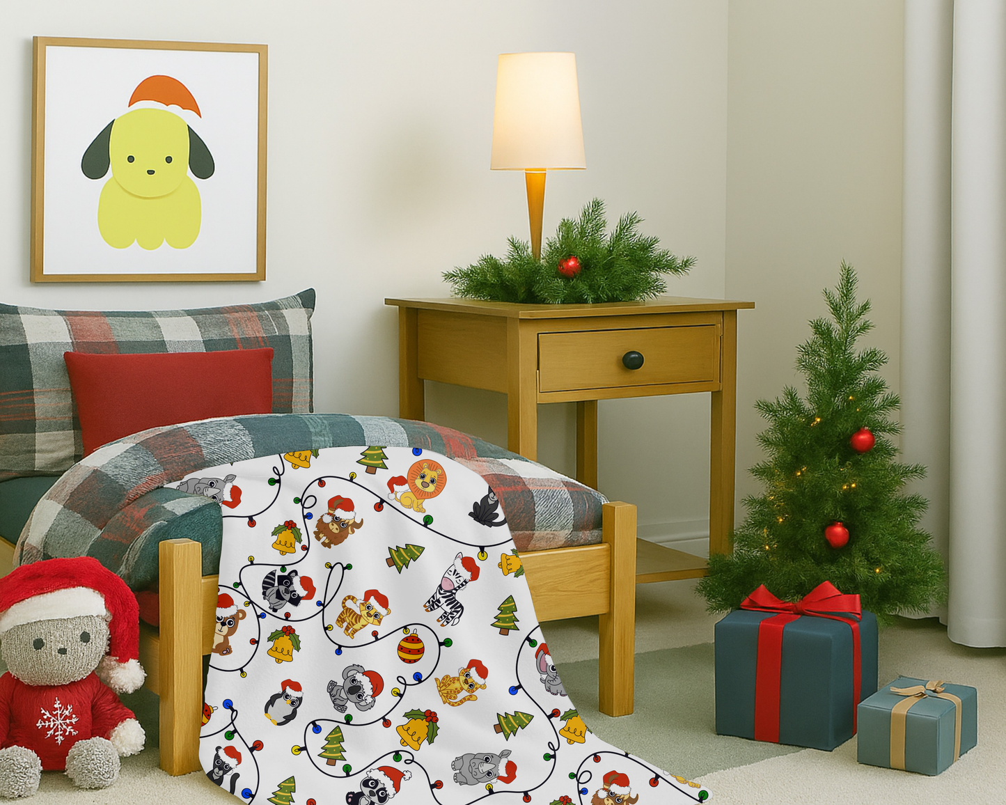 Safari Christmas Blanket – Velveteen Plush Throw with Santa Hat Animals, Trees & Ornaments