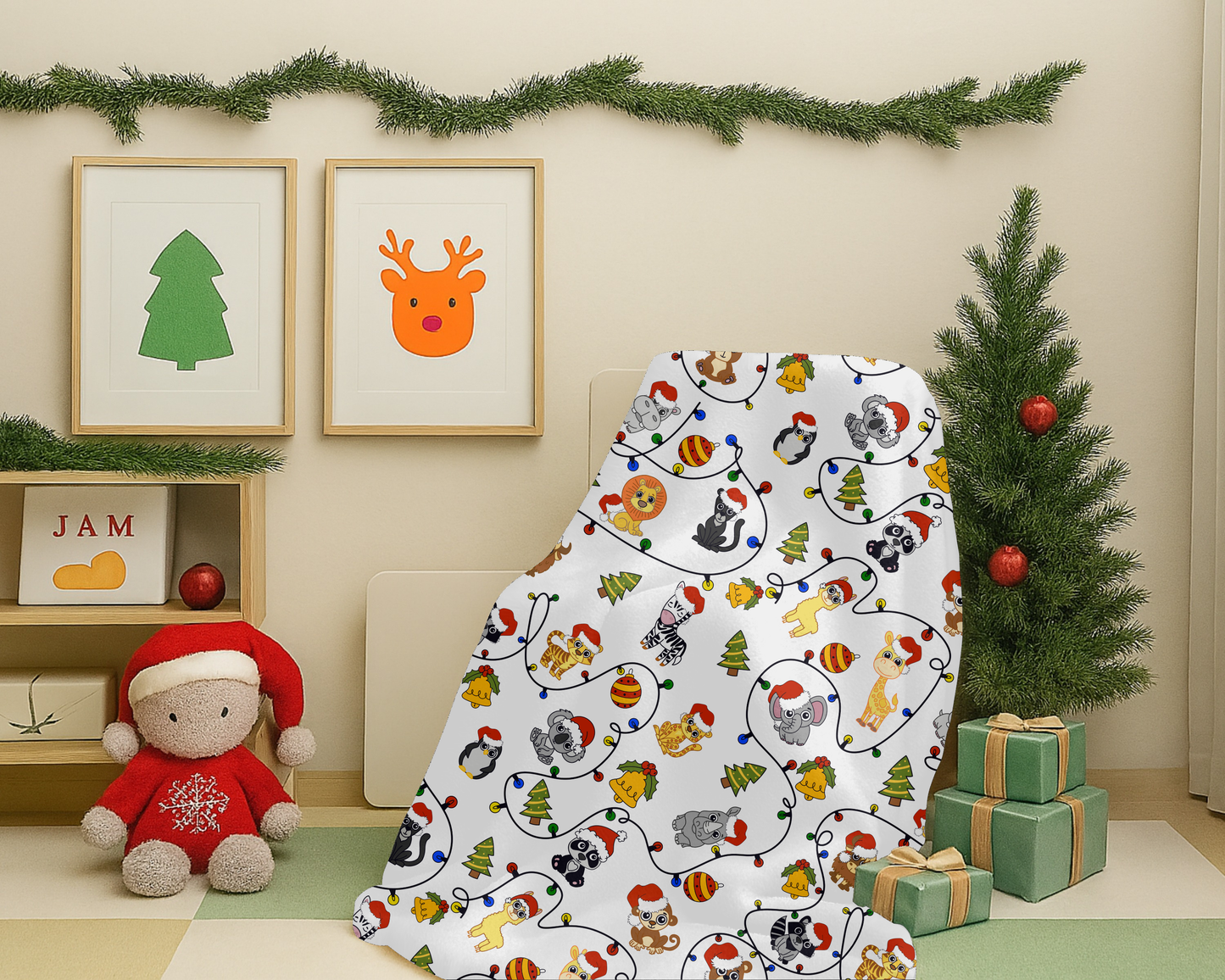 Safari Christmas Blanket – Velveteen Plush Throw with Santa Hat Animals, Trees & Ornaments