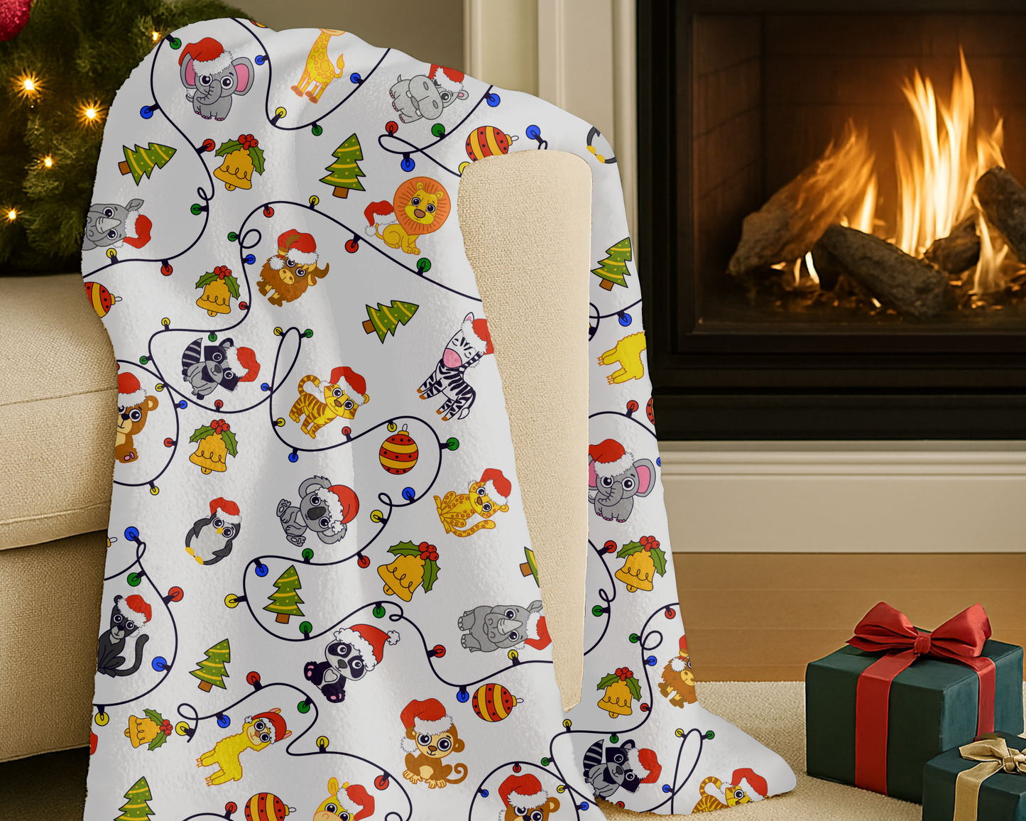 Safari Christmas Blanket – Velveteen Plush Throw with Santa Hat Animals, Trees & Ornaments