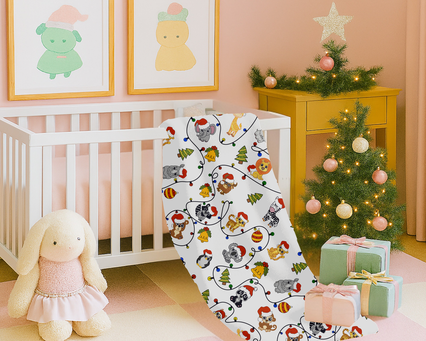 Safari Christmas Blanket – Velveteen Plush Throw with Santa Hat Animals, Trees & Ornaments