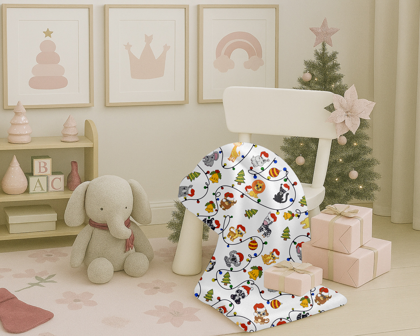 Safari Christmas Blanket – Velveteen Plush Throw with Santa Hat Animals, Trees & Ornaments