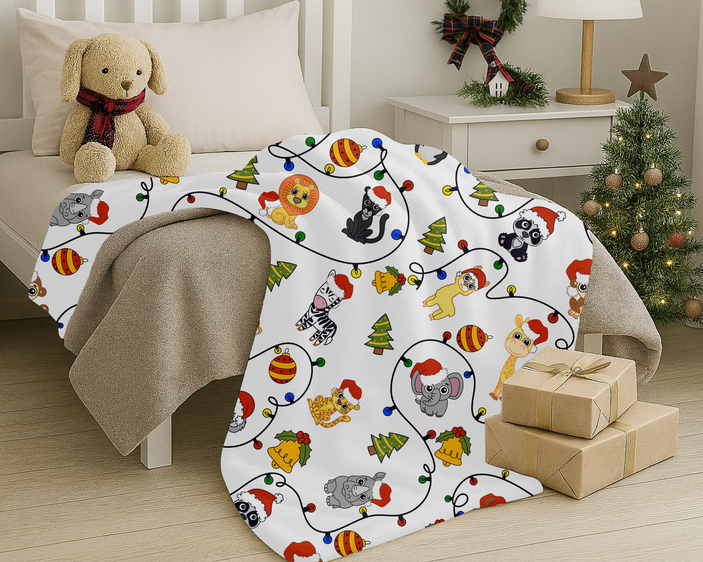 Safari Christmas Blanket – Velveteen Plush Throw with Santa Hat Animals, Trees & Ornaments